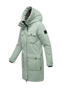Mäta zelená parka s kapucňou, viacerými prednými vreckami, čiernymi akcentmi, zipsom a patentkami, a s rebrovanými manžetami pre teplo a ochranu.