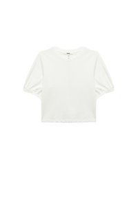 Biała, krótkiego rękawa crop top z elastycznymi mankietami i okrągłym dekoltem na jednolitym tle.