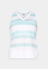 Top atlético sem mangas em branco com riscas azul claro. O design em V tem uma textura respirável e inclui o logótipo "HEAD" na parte da frente.
