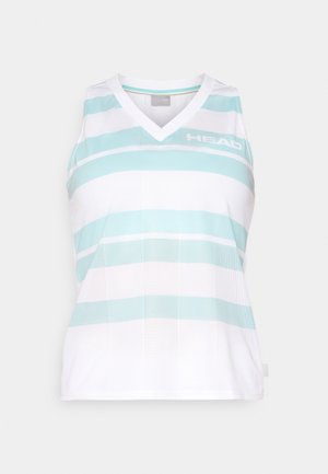 Top atlético sem mangas em branco com riscas azul claro. O design em V tem uma textura respirável e inclui o logótipo "HEAD" na parte da frente.