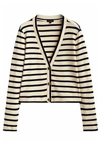 Zebra sweter w beżowo-czarnym kolorze, z dekoltem w kształcie litery V, długimi rękawami i trzema guzikami z przodu, o krótkim kroju i miękkiej fakturze.