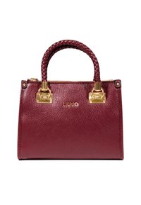 Borsa in pelle bordeaux con finitura testurizzata, manico intrecciato, dettagli in metallo dorato e nome del marchio "LIU-JO" impresso sul davanti.
