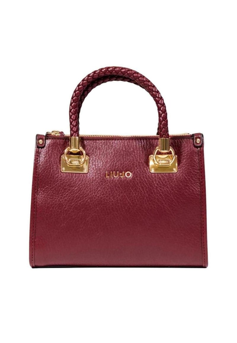 Borsa in pelle bordeaux con finitura testurizzata, manico intrecciato, dettagli in metallo dorato e nome del marchio "LIU-JO" impresso sul davanti.