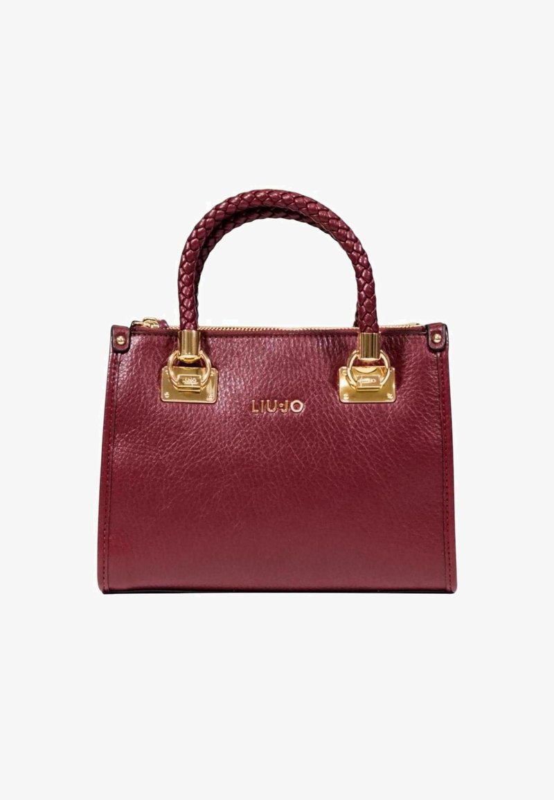 Borsa in pelle bordeaux con finitura testurizzata, manico intrecciato, dettagli in metallo dorato e nome del marchio "LIU-JO" impresso sul davanti.