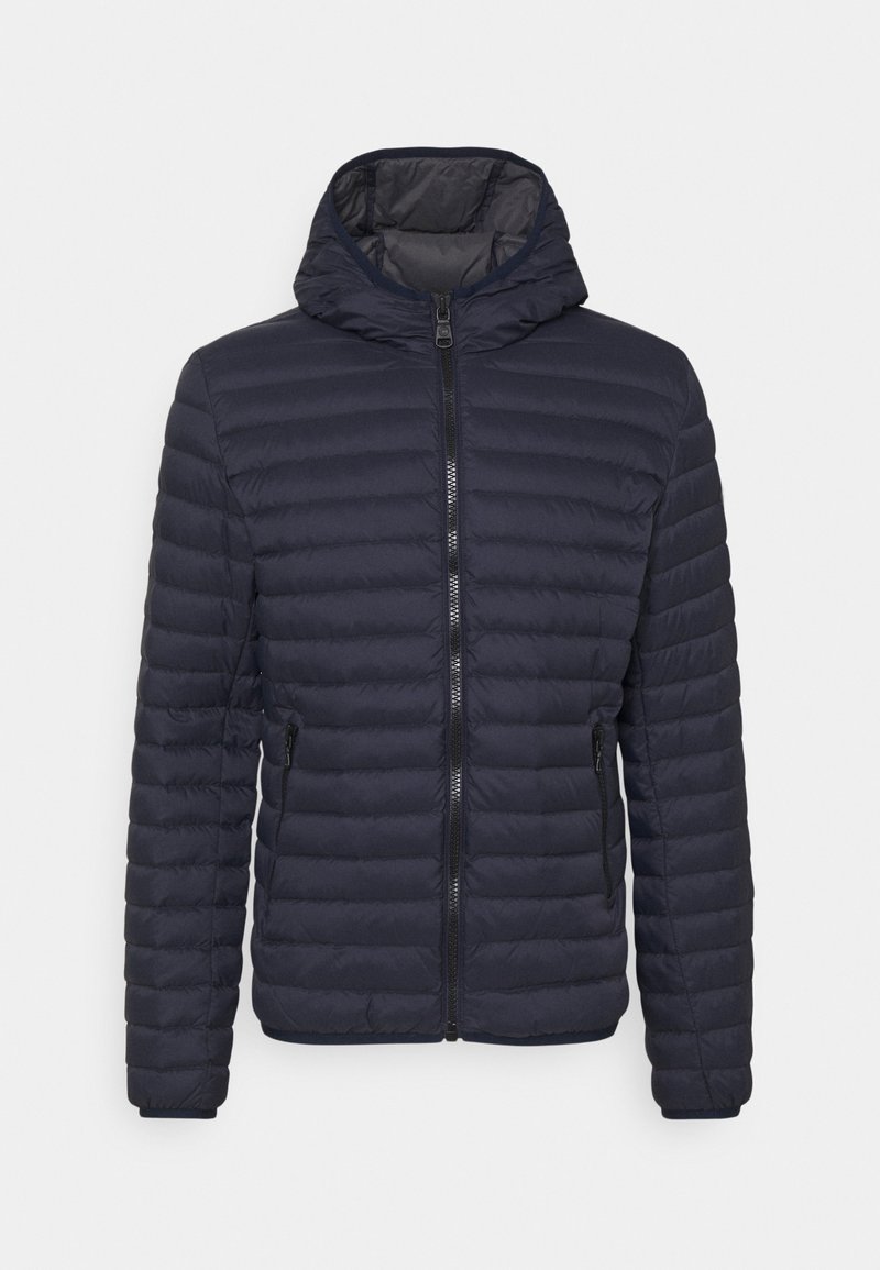 Navy puffer jacket with a zip-up front, attached hood, and horizontal quilted design. Features two side pockets and elastic cuffs.