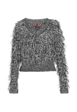 Černá a šedá pletená svetr s výstřihem do V, který má texturovaný, třásňový design po celé ploše a přiléhavý pas.