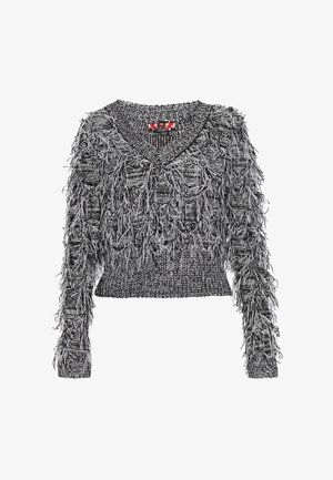 Černá a šedá pletená svetr s výstřihem do V, který má texturovaný, třásňový design po celé ploše a přiléhavý pas.