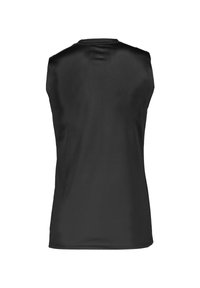 Haut de sport noir sans manches en tissu respirant. Texture lisse avec un design simple et sans logos ni détails visibles.