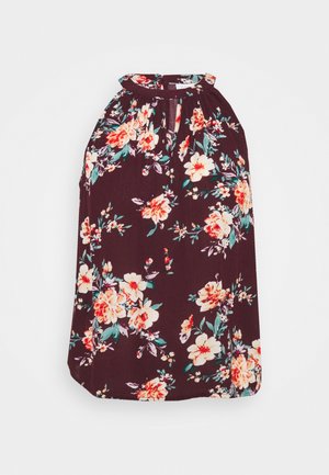 Blusa sin mangas color granate con cuello alto y patrón floral en naranja, crema y verde, con una pequeña abertura en forma de llave en la parte frontal.