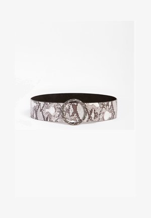 Ceinture large à imprimé serpent avec boucle ronde argentée texturée, présentée sur fond blanc.
