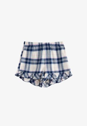 Rutig tygshorts med elastisk midja och volangkanter i marinblått, vitt, grått och tunna rosa linjer.