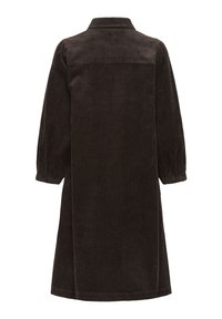 Brown corduroy dress with long puff sleeves and a collared neckline, featuring vertical ribbed texture and a relaxed fit.