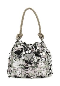 Sac à main circulaire en paillettes argentées et noires avec une finition texturée, doté d'une anse nouée scintillante et d'un emblème logo à l'avant.