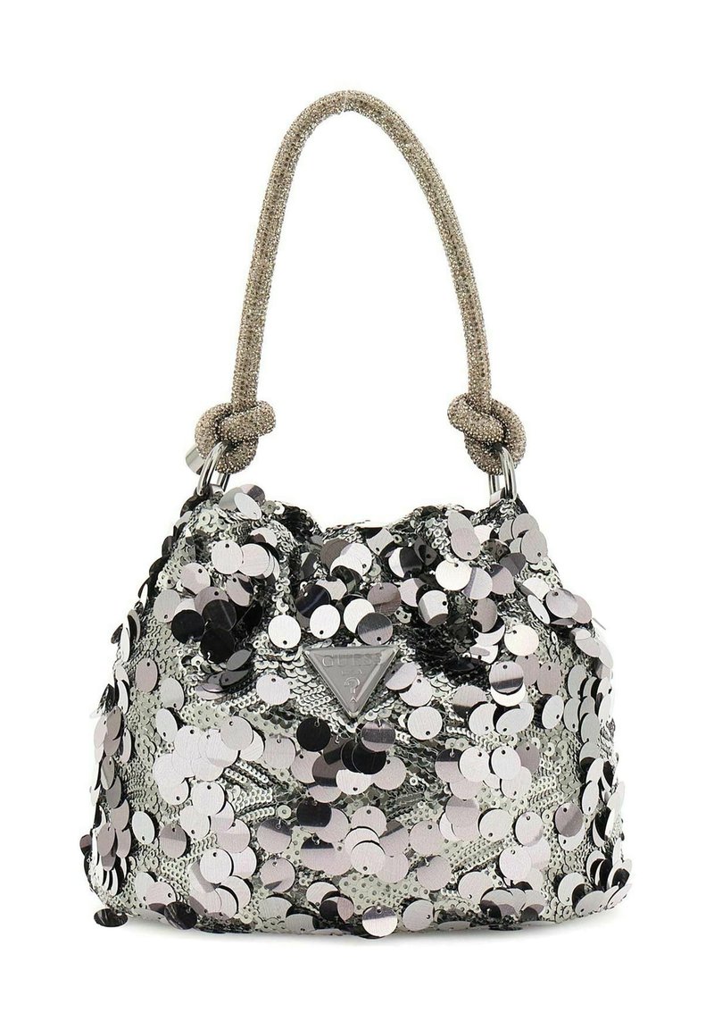 Sac à main circulaire en paillettes argentées et noires avec une finition texturée, doté d'une anse nouée scintillante et d'un emblème logo à l'avant.