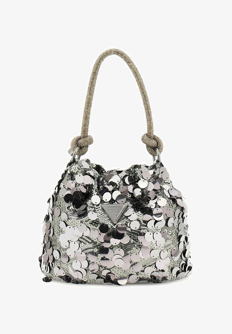 Sac à main circulaire en paillettes argentées et noires avec une finition texturée, doté d'une anse nouée scintillante et d'un emblème logo à l'avant.