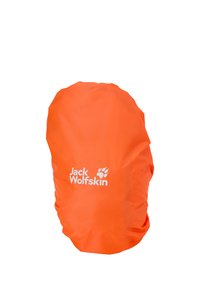 Cubierta impermeable para mochila de color naranja brillante con el logo blanco de Jack Wolfskin en el centro del frente.