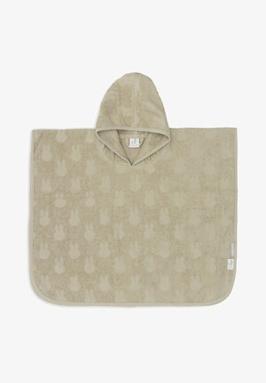 Poncho de bain à capuche en beige, arborant un motif de lapin discret, fabriqué en tissu éponge doux. Les bords sont soigneusement cousus pour plus de durabilité.