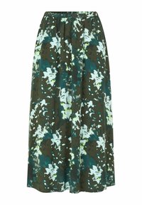 Maxi sukně s elastickým pasem, vyrobená z lehké látky se zelenobílým květinovým vzorem na tmavém podkladu.