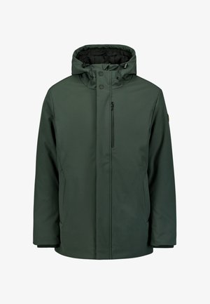Veste imperméable vert foncé avec capuche, dotée d'une poche poitrine zippée, de fermetures à pression et d'une finition lisse et mate.