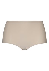 Beige hipster ondergoed gemaakt van soepel materiaal. Kenmerkt zich door een eenvoudig, naadloos ontwerp met een middelhoge taille en geen zichtbare hardware.