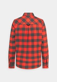 Red and black plaid flannel shirt, featuring long sleeves, buttoned cuffs, a pointed collar, and a pleat detail at the back.