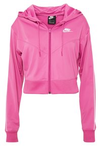 Rosa Nike kort zip-up huvtröja med huva, ribbat nederkant, kontrasterande vita sidestreck och framfickor. Slät, lättviktig tyg.