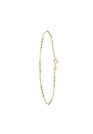 Bracelet en chaîne dorée avec de petites perles rondes et ovales, doté d'un fermoir à mousqueton. Surface lisse et brillante avec un design délicat.