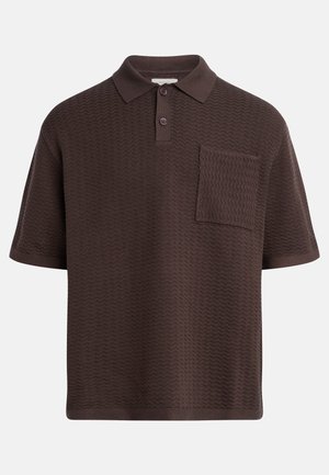 Brown polo shirt made from textured fabric, featuring a short sleeve, a collar, two buttons, and a chest pocket with a zigzag pattern.