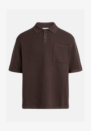 Pruun polo särk, mis on valmistatud tekstuuriga kangast, lühikeste varrukatega, krae, kahe nupuga ja rinnaülekandega, millel on ziqzagi mustriga tasku.