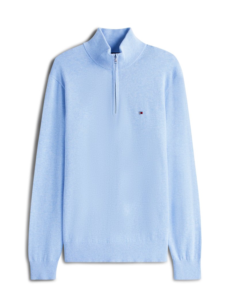 Hellblauer Reißverschluss-Pullover mit hohem Kragen, gerippten Bündchen und einem kleinen Logo auf der Brust. Weicher Stoff und schlichtes Design.