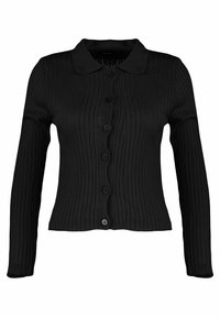 Černý žebrovaný kardigan s límečkem, který má vpředu šest kulatých knoflíků a dlouhé rukávy. Měkká, strukturovaná tkanina.