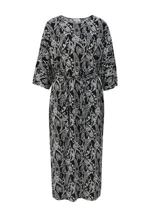 Zwart-wit paisley-geprint jurk met korte vleermuismouwen, een tailleriem en een vloeiende silhouet. Gemaakt van lichtgewicht stof.