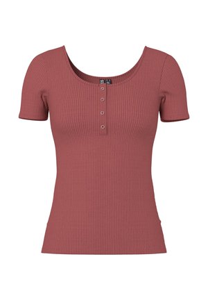 Top corto de manga corta acanalado en color rosa empolvado con escote redondo y cuatro pequeños botones a presión plateados en la tapeta frontal.