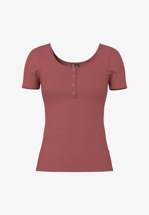 Geripptes, kurzärmeliges Oberteil in staubigem Rosaton mit rundem Ausschnitt und vier kleinen silbernen Druckknöpfen auf der vorderen Knopfleiste.