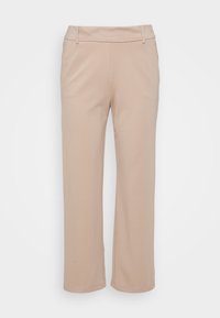 Béžové kalhoty s širokými nohavicemi vyrobené z měkké tkaniny, s hladkým pasem a čistým lemem. Bez viditelných vzorů nebo kovových detailů.