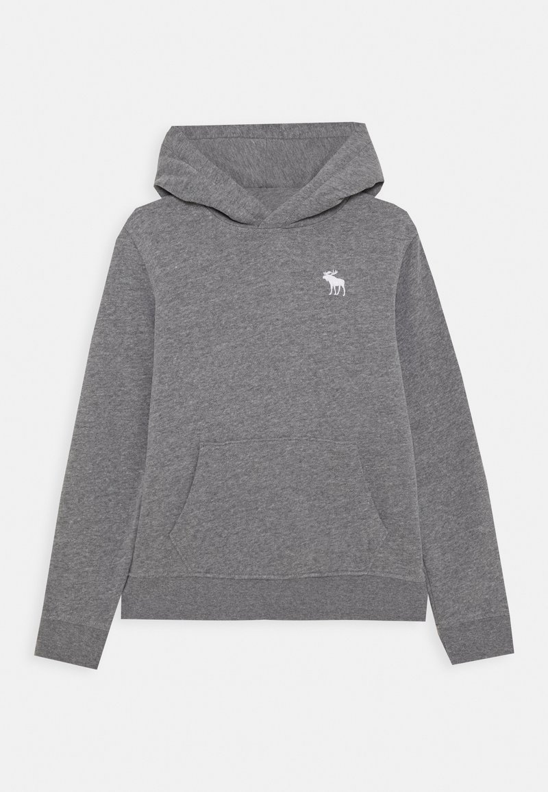 Grauer Kapuzenpullover aus einem weichen, strukturierten Stoff. Verfügt über eine Fronttasche und ein kleines weißes Elch-Logo an der oberen linken Brustseite.