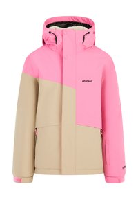 Rosa und beige isolierte Jacke mit hohem Kragen, Reißverschlusstaschen und einem kontrastierenden Farbblockdesign. Logo auf der Brust.