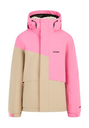 Rosa und beige isolierte Jacke mit hohem Kragen, Reißverschlusstaschen und einem kontrastierenden Farbblockdesign. Logo auf der Brust.