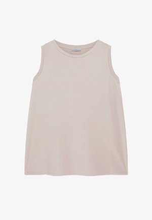 Ärmelloses hellbeiges Tanktop mit rundem Ausschnitt, einfachem Design und lockerem Schnitt.