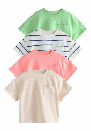 Four short-sleeve shirts with scalloped edges and chest pockets in green, white with blue stripes, coral pink, and cream with small floral print.