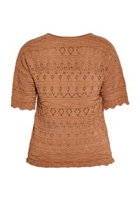 Camicetta a maniche corte di colore ruggine, realizzata in maglia con motivi intricati e un design traforato, con orli a forma di scallop alle maniche e all'orlo.