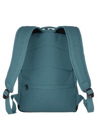 Zaino turchese con spallacci imbottiti, tessuto testurizzato, una tasca con zip sul davanti e una maniglia superiore per il trasporto.