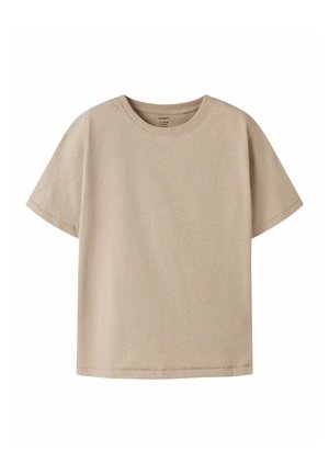 Beige kortærmet t-shirt i bomuld med rund halsudskæring og almindelig pasform.