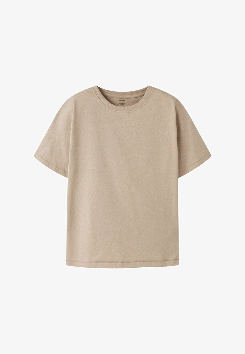 T-shirt beige en coton à manches courtes, col rond et coupe régulière.