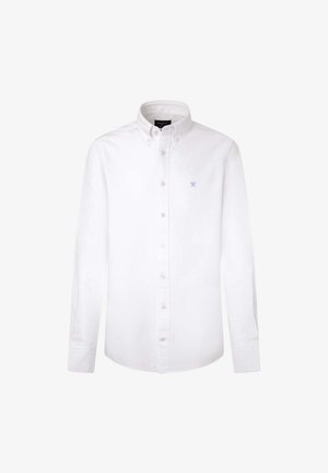 Camicia bianca a maniche lunghe in cotone. Presenta un classico colletto button-down, bottoni frontali e un piccolo logo blu sul lato sinistro del petto.