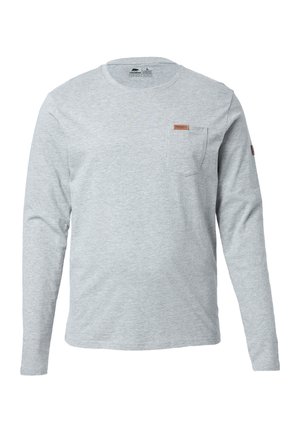 Hellgraues Langarm-T-Shirt aus weichem Stoff. Verfügt über eine linke Brusttasche und ein kleines Markenetikett auf der Tasche. Klassisches Rundhalsdesign.