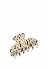 Clip per capelli a forma di artiglio in crema e nero, con un motivo a diamante e accenti dorati. Il design presenta sei denti di presa per una tenuta sicura.