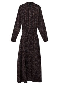 Robe à manches longues imprimée léopard en marron foncé et noir, avec une taille cintrée, un col et une jupe fluide longueur cheville.