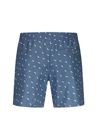 Shorts de bain bleus avec un motif de feuilles blanches, taille élastique et poche arrière. Fabriqués en matériau léger, conçus pour le confort.