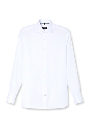 Witte lange mouw button-up shirt gemaakt van gladde stof. Bevat een klassieke kraag, subtiele textuur en zes knopen aan de voorkant.